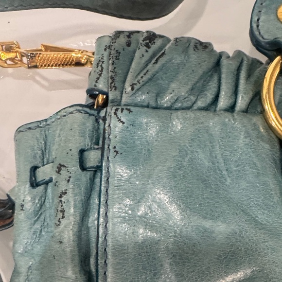 Miu Miu Vitello Lux Gathered Leather Satchel – Teal Blue with Gold Hardware - Picture 9 of 13